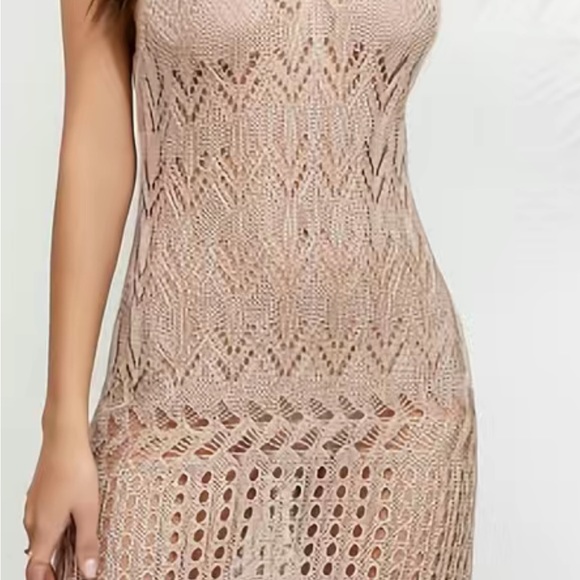 Women's V-Neck Sheer Cover Up Dress - Khaki Hollow Out Crochet Swimwear - Picture 2 of 5